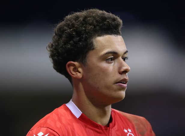 <p>Brennan Johnson of Nottingham Forest looks on during the Emirates FA Cup Fourth Round match between Nottingham Forest and Leicester City at City Ground on February 06, 2022 in Nottingham, England</p>