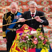 King Charles III looked on as the Lord Chamberlain conducted the Wand of Office at Queen Elizabeth II’s Committal service.