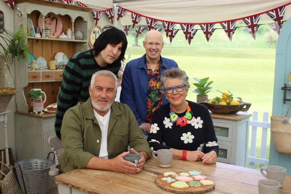 Great British Bake Off presenters and judges in cake corner (L to R (back) Noel Fielding, Matt Lucas (front) Paul Hollywood, Prue Leith.