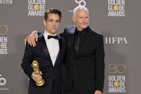  (L-R) Colin Farrell and Martin McDonagh, winners of Best Picture - Musical/Comedy for "The Banshees of Inisherin", pose in the press room during the 80th Annual Golden Globe Awards