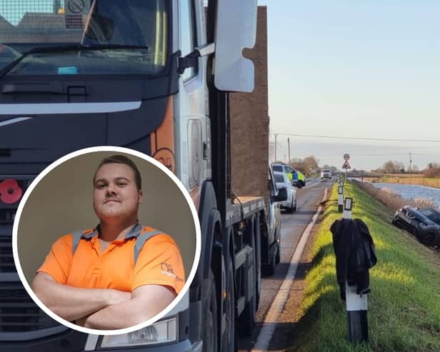 Luke Wagner, 26, was driving his HGV when he saw a silver car skid off an icy road near March,. Cambridgeshire, and plunge down a bank into a river. He help pull the man free Picture: SWNS
