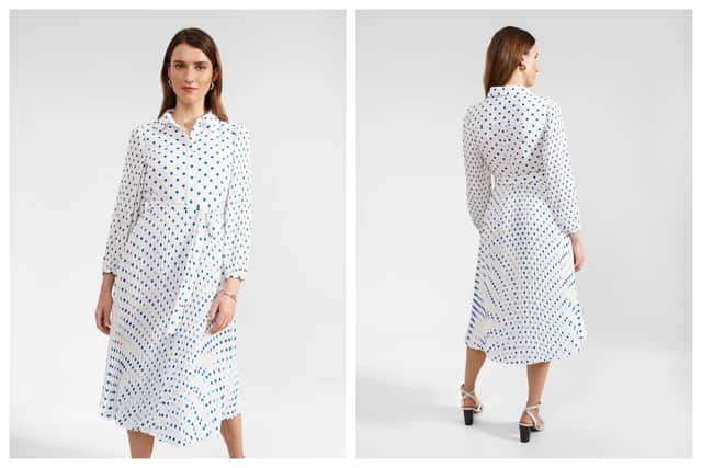 This Hobbs, Polka Dot Tie Waist Midi Shirt Dress, £169, is white and blue, and has a very fresh feel to it. 