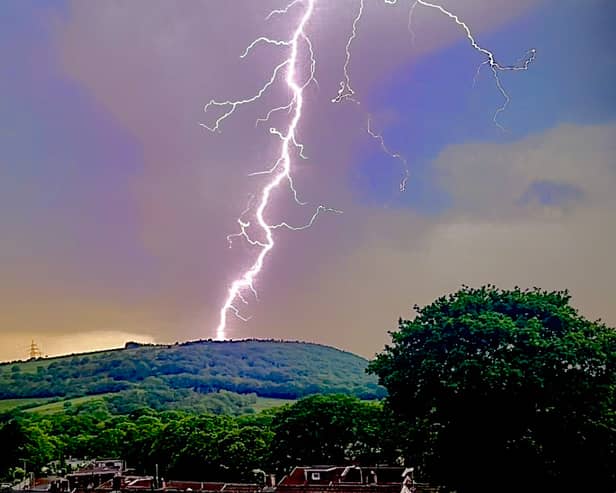 Lightning storm on Drummau Mountain seen from near Rhos, North Wales.