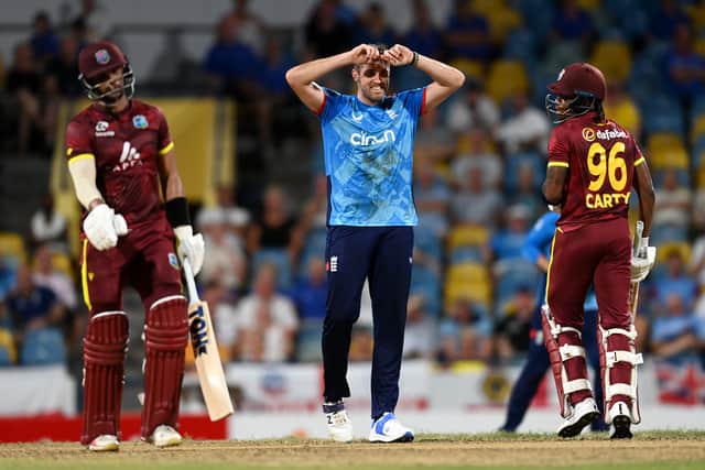 Jamie Overton of England reacts after bowling during the 3rd One Day International between the West Indies and England at Kensington Oval on November 06, 2024 in Bridgetown, Barbados.
