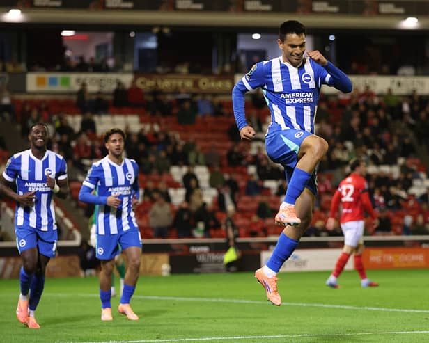Brighton midfielder Diego Gomez celebrates his fourth