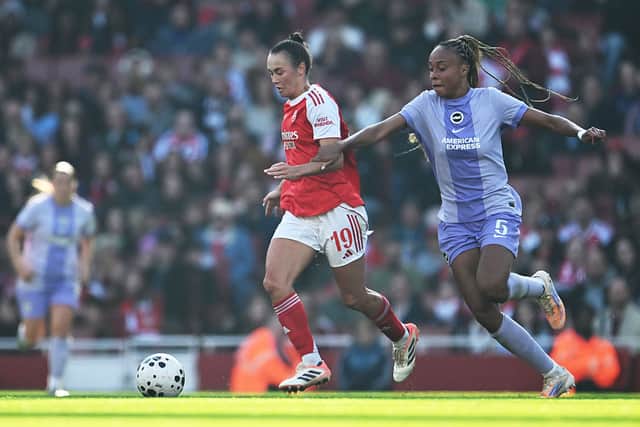 Maelys Mpome of Brighton and Hove Albion was stretchered off at the Emirates Stadium