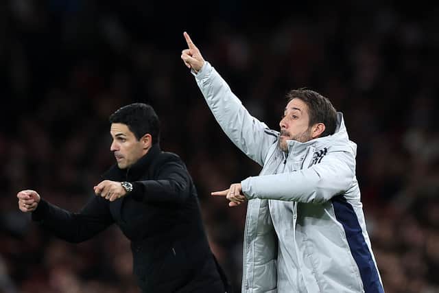 Arsenal's set piece coach, Nicolas Jover with manager Mikel Arteta