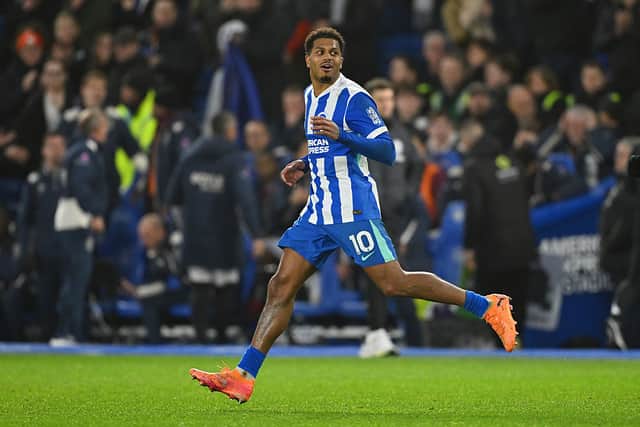 Brighton attacker Georginio clebrates his late leveller against West Ham