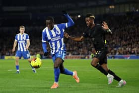 Yankuba Minteh of Brighton & Hove Albion battles for possession with Simon Adingra of Sunderland