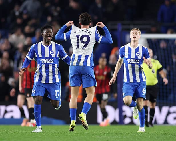 Brighton's Greek striker Charalampos Kostoulas celebrates his goal against Bournemouth