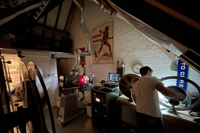 Slindon Cinema's projection box during a show (contributed pic)