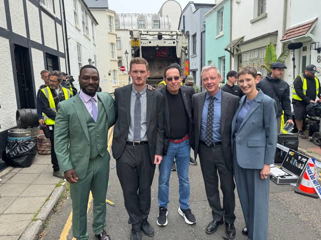 Peter James with the cast of Grace during the filming of the seventh season