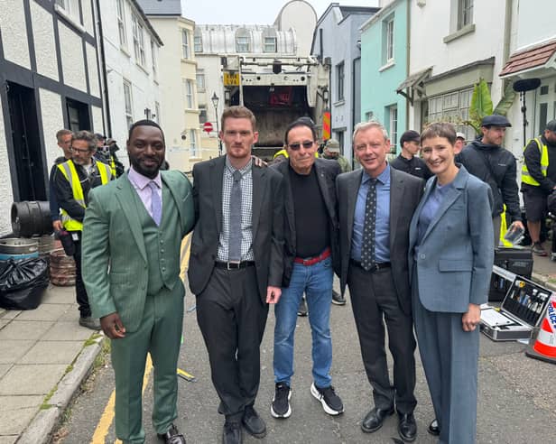 Peter James with the cast of Grace during the filming of the seventh season