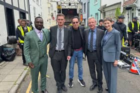 Peter James with the cast of Grace during the filming of the seventh season