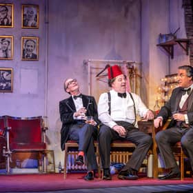 The Last Laugh. Steve Royle (Eric Morecambe), Damian Williams (Tommy Cooper) and Simon Cartwright (Bob Monkhouse). Photo Pamela Raith