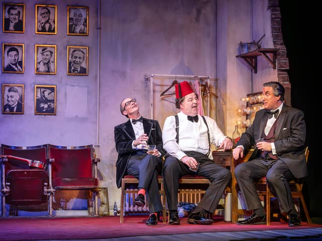 The Last Laugh. Steve Royle (Eric Morecambe), Damian Williams (Tommy Cooper) and Simon Cartwright (Bob Monkhouse). Photo Pamela Raith