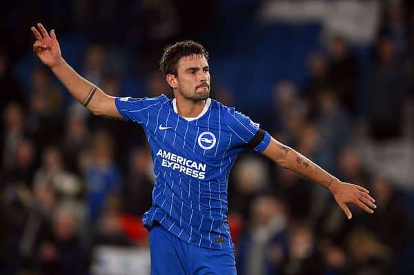 Brighton midfielder Matt O'Riley celebrates his goal against  Kauno Zalgiris