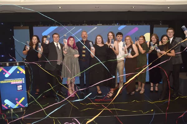 The Portsmouth and Chichester Apprenticeship Awards 2026, took place on Thursday, October 22, 2026, at The Marriott Hotel in Portsmouth.
Pictured is: (fifth from left) Compere Mark Collins with all the winners.
Picture: Sarah Standing