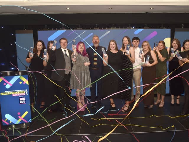 The Portsmouth and Chichester Apprenticeship Awards 2026, took place on Thursday, October 22, 2026, at The Marriott Hotel in Portsmouth.
Pictured is: (fifth from left) Compere Mark Collins with all the winners.
Picture: Sarah Standing