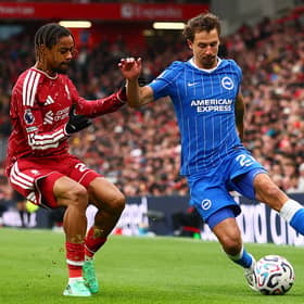 Brighton's French defender Olivier Boscagli in action against Liverpool at Anfield