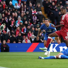 Liverpool striker Alaxander Isak nets the second goal at Anfield