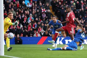 Liverpool striker Alaxander Isak nets the second goal at Anfield