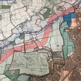 West of Ifield Map showing Ifield Brook Meadows [in green] OUTSIDE the 'red line' development boundary [right of picture]. 

Proposed road running through the ancient Parish of Ifield [in thick pink]