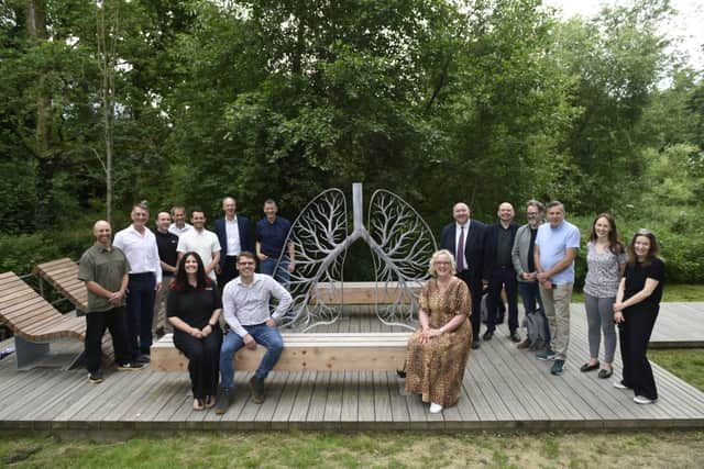 The 'Green Lung' sculpture and seating area at Crawter's Brook is unveiled at Manor Royal.