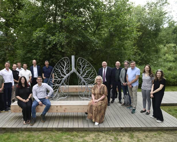 The 'Green Lung' sculpture and seating area at Crawter's Brook is unveiled at Manor Royal.