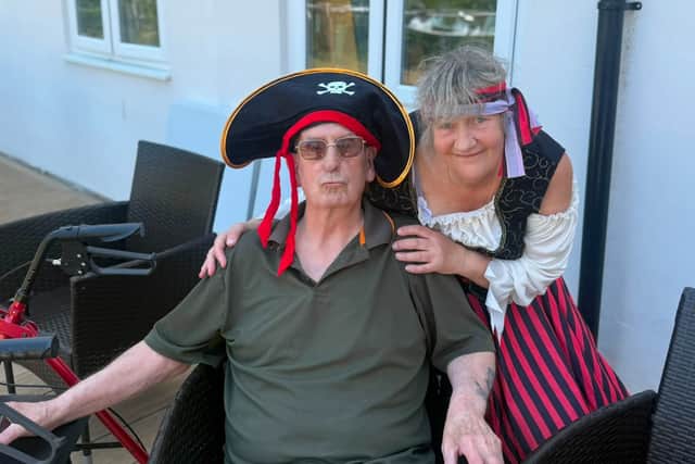 Dressed for a day of pirate-themed fun.