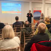 Kayla Ente MBE, CEO of BHESCo, addressing Saltdean residents at the community launch event, Saltdean Lido, November 2025