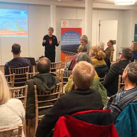 Kayla Ente MBE, CEO of BHESCo, addressing Saltdean residents at the community launch event, Saltdean Lido, November 2025