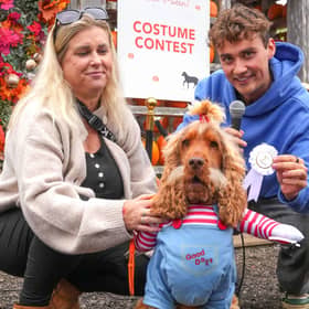 Presenter James Gaffney with contest entrant 