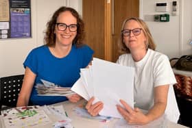 Alison Bennett MP with local artist Kate Harries, judging the entries for the competition.