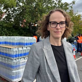 Alison Bennett MP at the water pickup point at Tesco, Burgess Hill following the recent water outage in Hurstpierpoint, Burgess Hill and Hassocks