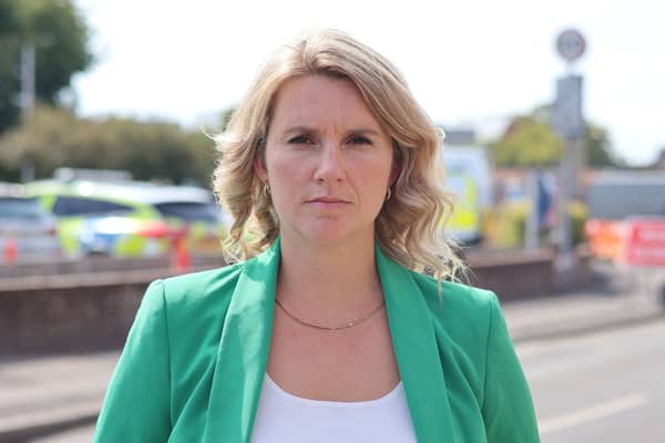 Jess Brown-Fuller MP outside Chichester Police station. 