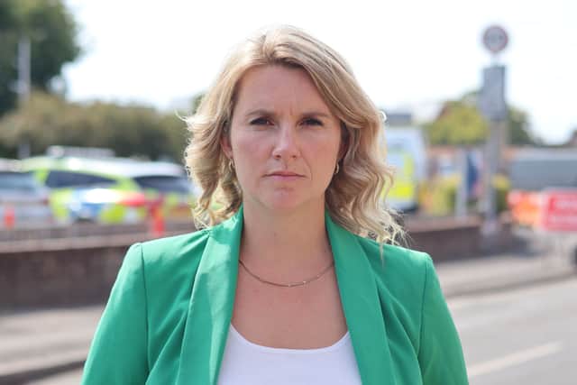 Jess Brown-Fuller MP outside Chichester Police station.