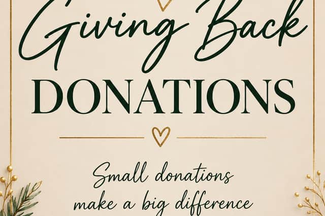 The Christmas Giving Back donation sign at Arch & Lash Co, Hastings, inviting the local community to come together and support our chosen charity, St Michael’s Hospice, this Christmas. 