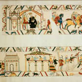 In a scene from the Bayeux Tapestry, Harold Godwinson confers with King Edward the Confessor before sailing from Bosham in 1064.