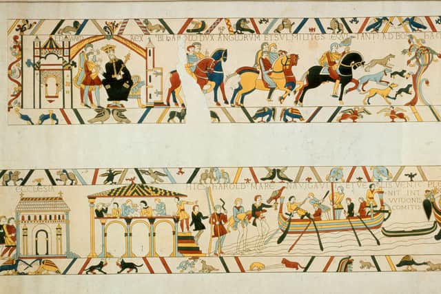 In a scene from the Bayeux Tapestry, Harold Godwinson confers with King Edward the Confessor before sailing from Bosham in 1064.