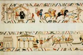 In a scene from the Bayeux Tapestry, Harold Godwinson confers with King Edward the Confessor before sailing from Bosham in 1064.