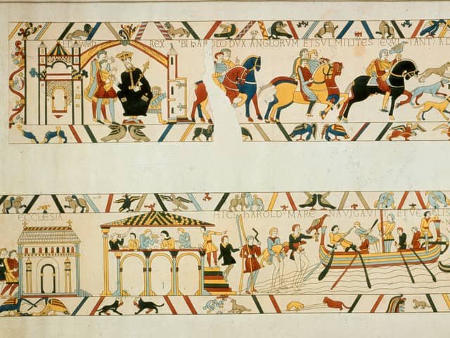 In a scene from the Bayeux Tapestry, Harold Godwinson confers with King Edward the Confessor before sailing from Bosham in 1064.