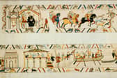 In a scene from the Bayeux Tapestry, Harold Godwinson confers with King Edward the Confessor before sailing from Bosham in 1064.