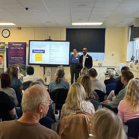 Catriona Neville and Charles Nduka, Consultant Plastic Surgeon at Queen Victoria Hospital and Founder of Facial Palsy UK, speaking at the Living with Facial Palsy event.
