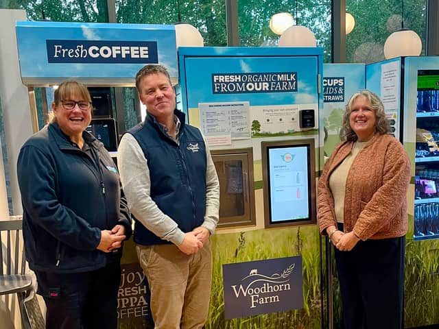 Cameron Lewis, Managing Director at The Woodhorn Group with Niccki Boardman, Milk Vending Supervisor and Liz Woodsell, CEO at the Chichester Community Development Trust