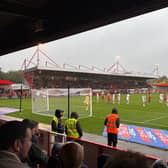 A wet and windy Broadfield Stadium on Saturday. 