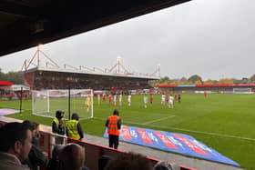 A wet and windy Broadfield Stadium on Saturday. 