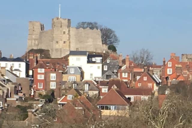 Houses clustered beneath Lewes Castle