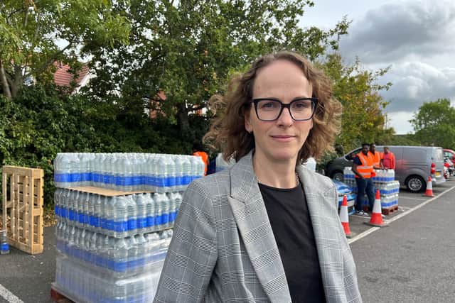 Alison Bennett MP at Tesco in Burgess Hill during an emergency bottled water distribution following a burst water main in October 2026.