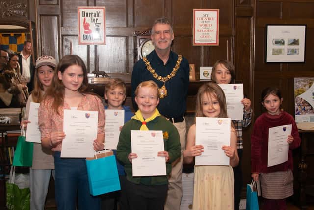 Mayor of Lewes Adrian Ross with the winners of the Reeves Lightbox children's Trail